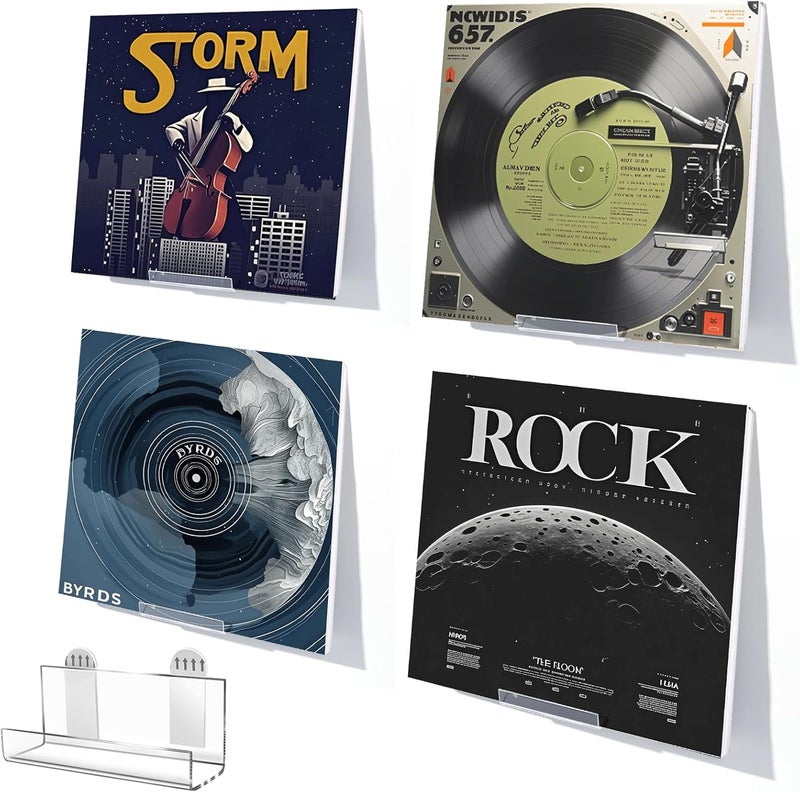 HEKORE 6Pcs Vinyl Record Display Shelf Wall Mount No Drill, Self Adhesive Clear Acrylic Album Holder, Invisible Floating Shelves for CD Shelf, Kids Bookshelf, Suitable for Home Office - Image 1